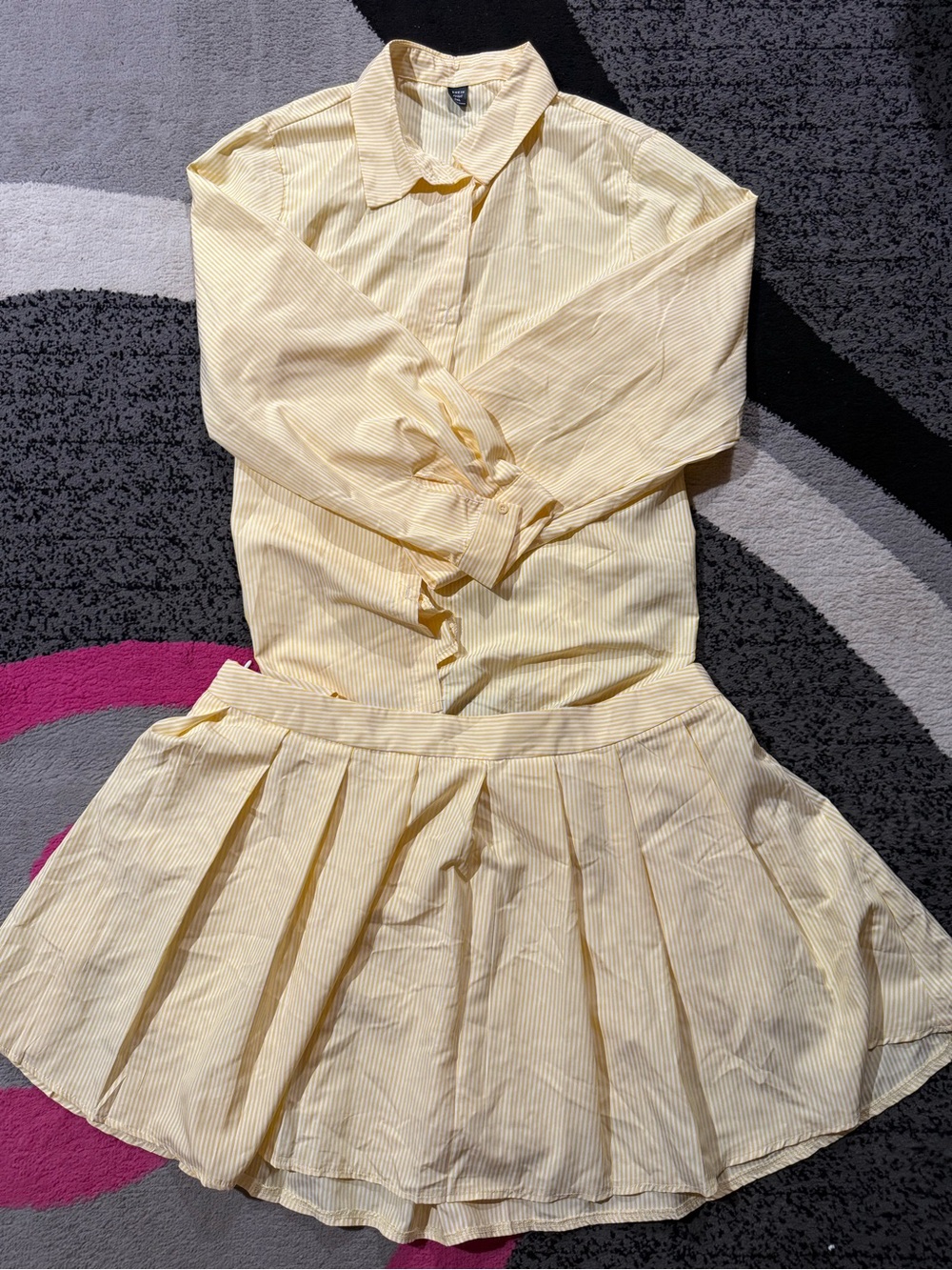 Yellow Pinstripe Button-Up Shirt & Pleated Skirt Set